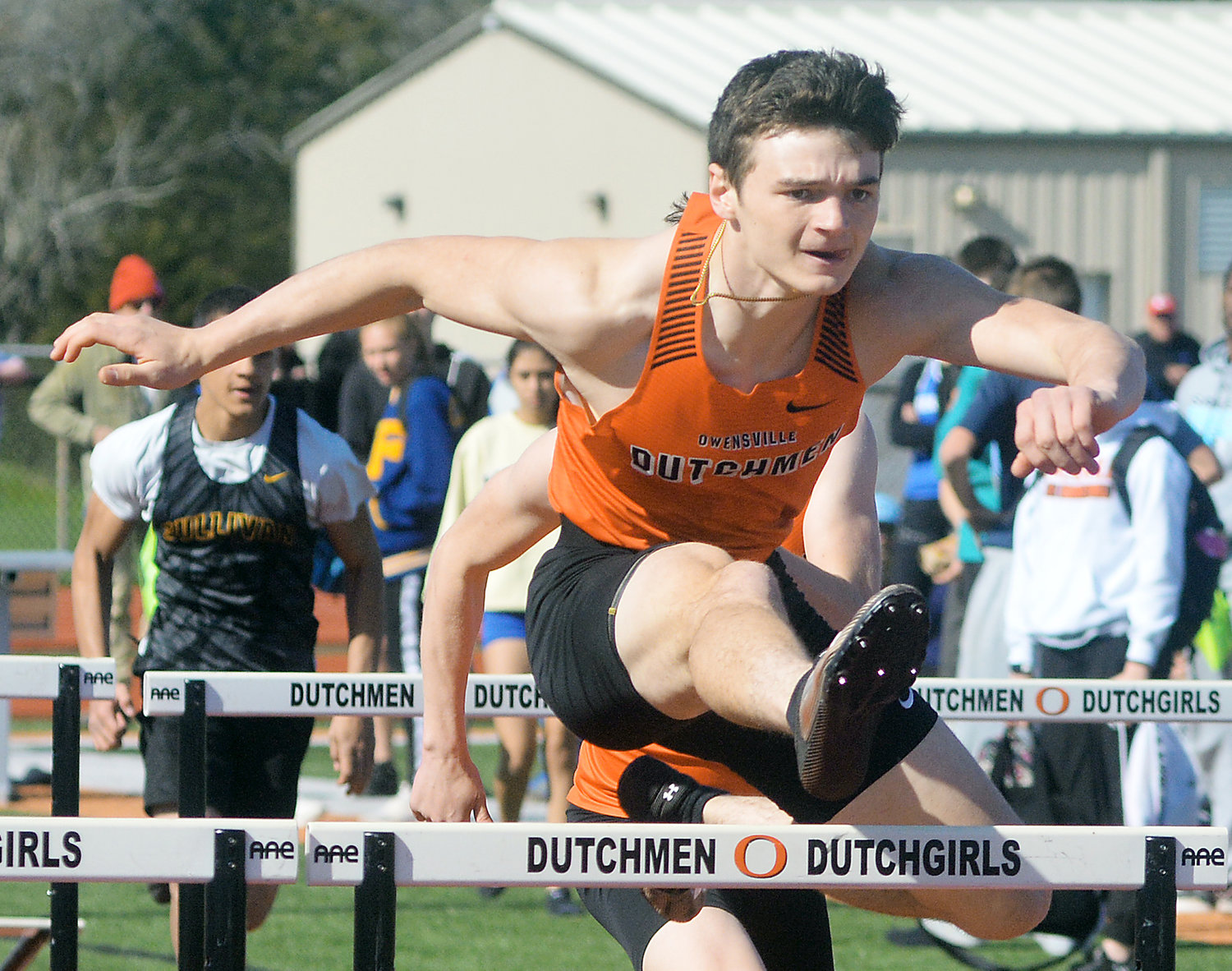 Alan Kopp clears a hurdle on his way to winning the boys 110-meter hurdles at the OHS Relays.